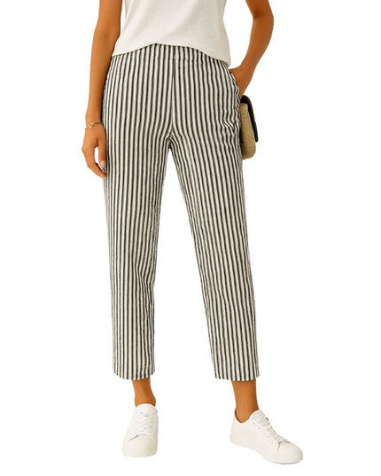 Patterned leisure trousers with elastic waistband and straight leg