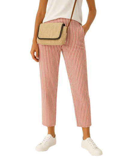 Patterned leisure trousers with elastic waistband and straight leg