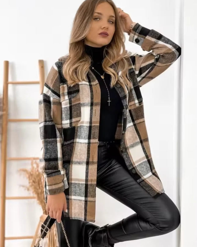 Checkered long-sleeved button-down shirt