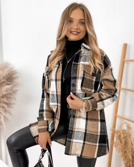 Checkered long-sleeved button-down shirt