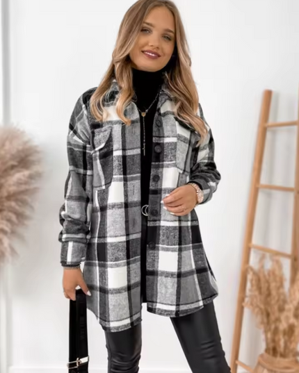 Checkered long-sleeved button-down shirt