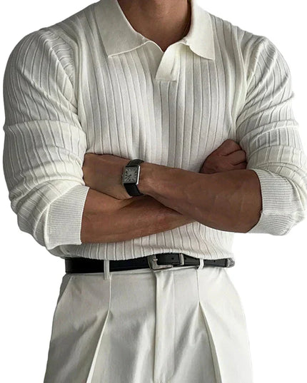 Ribbed long-sleeved shirt with polo collar and slim fit