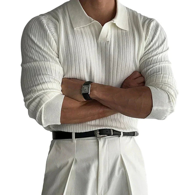 Ribbed long-sleeved shirt with polo collar and slim fit