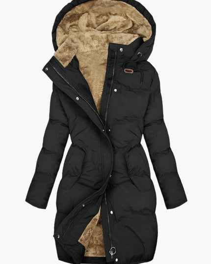 Long Puffer Coat with Hood and Fleece Lining