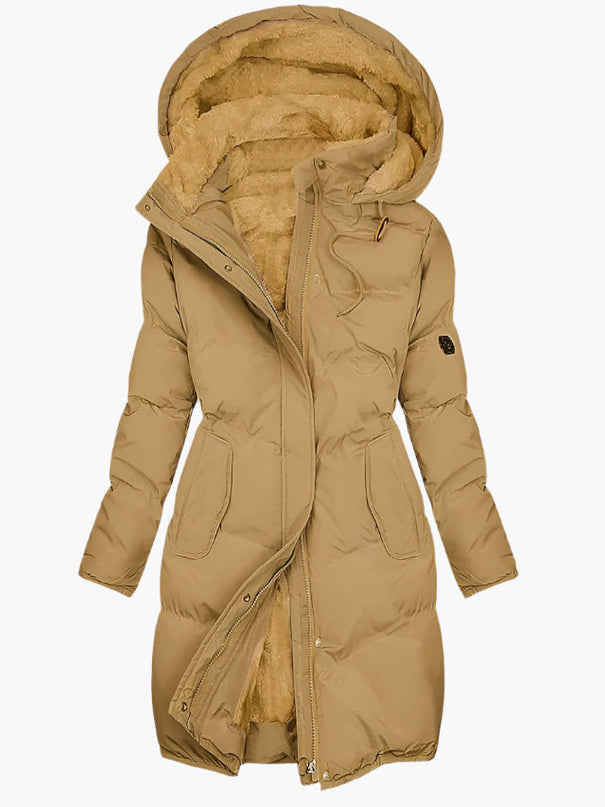 Long Puffer Coat with Hood and Fleece Lining
